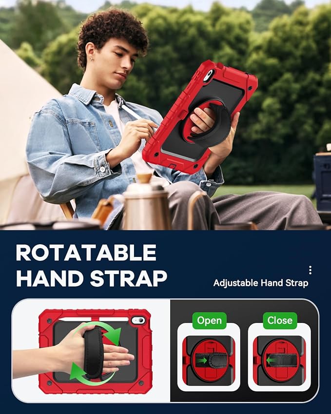 Cantis Case for iPad 11-inch (A16) 2025/ iPad 10th Generation 2022 (10.9 inch) with Screen Protector, iPad 11th Case with 360 Degree Rotating Stand/Shoulder Strap/Pencil Holder, Red