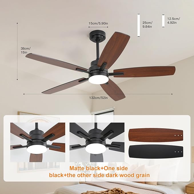 ARTPLAN 52" Ceiling Fan with Light and Remote, Noiseless DC Motor & Reversible Blades - Flush Mount LED Ceiling Fan for Bedroom, Living Room, Dining Room,Black