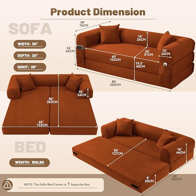 Convertible Folding Sofa Bed,80" Pull Out Couch with Pillows & Storage Pocket,Modular Futon Bed Corduroy Queen Sleeper Sofa in a Box,Compression Boneless Couch for Living Room,Orange