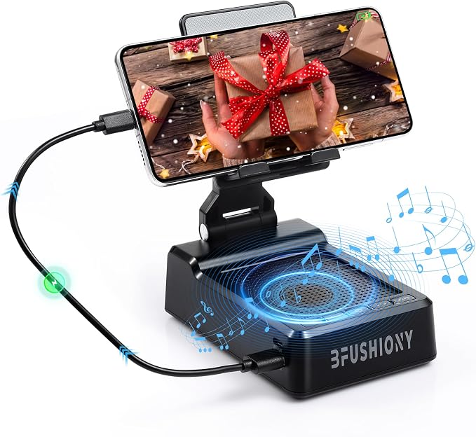 Birthday Gifts for Women Men 7 in 1 Multi-Function Phone Stand with Bluetooth Speaker Portable Charger Alarm Clock LED Light USB Playback Hands-Free Calling (Black)