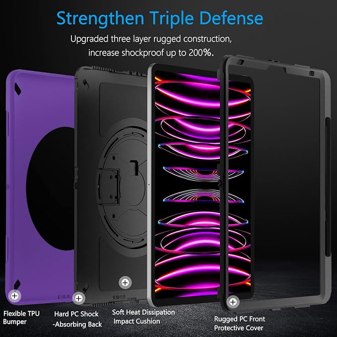 Miesherk Case for iPad Pro 12.9 Inch 6th/5th/4th GenShockproofGreen | Military Grade Heavy Duty Shockproof iPad Pro 12.9 Case - Rotating Stand Pencil Holder Hand/Shoulder Strap