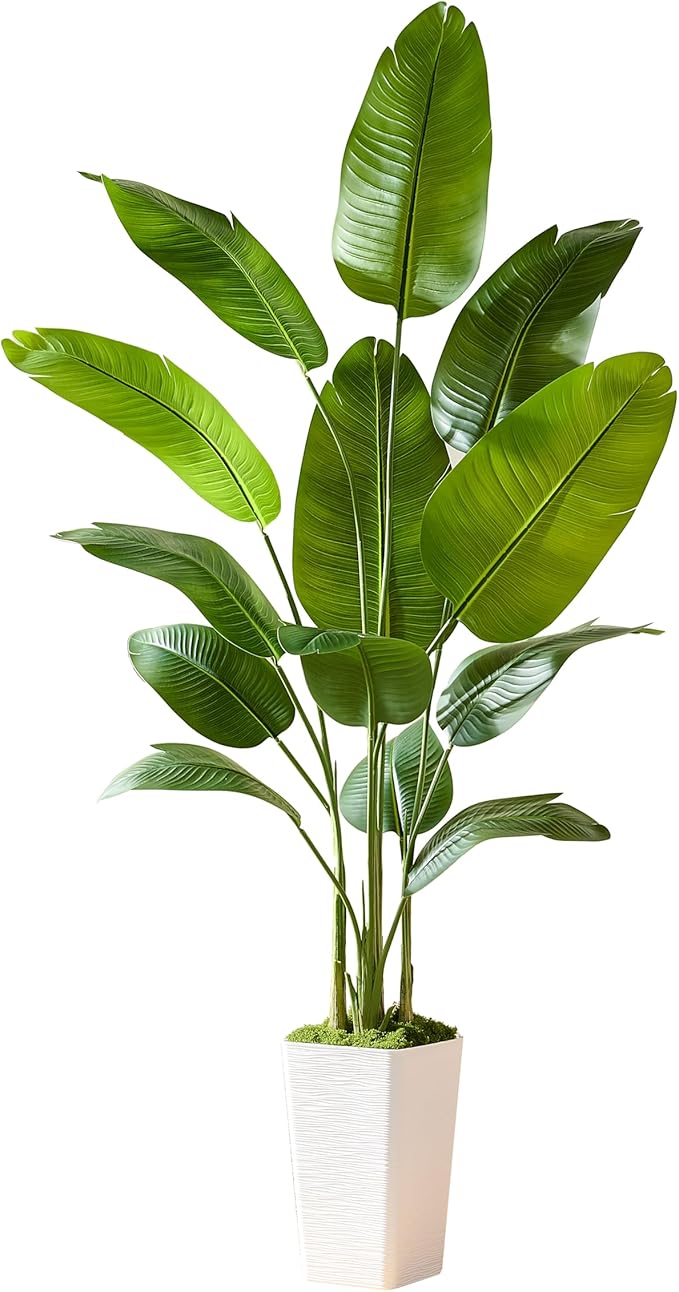 Bird of Paradise Artificial Plant, 6.6FT Faux Plants Indoor Banana Leaf Tree with 13 Leaves, Large Fake Tropical Potted Indoor Silk Floor Plant with White Tall Planter for House,Office,Room,Home Decor