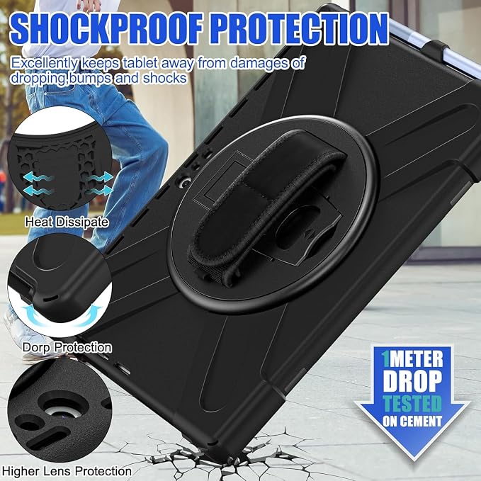 Case for Samsung Galaxy Tab S10 Lite/S10 FE/S9 FE/Tab S9/S8/S7 5G 10.9/11 Inch Heavy Duty Full-Body Shockproof Drop Protective Cover with 360° Rotating Handle Stand Hand/Shoulder Strap Black