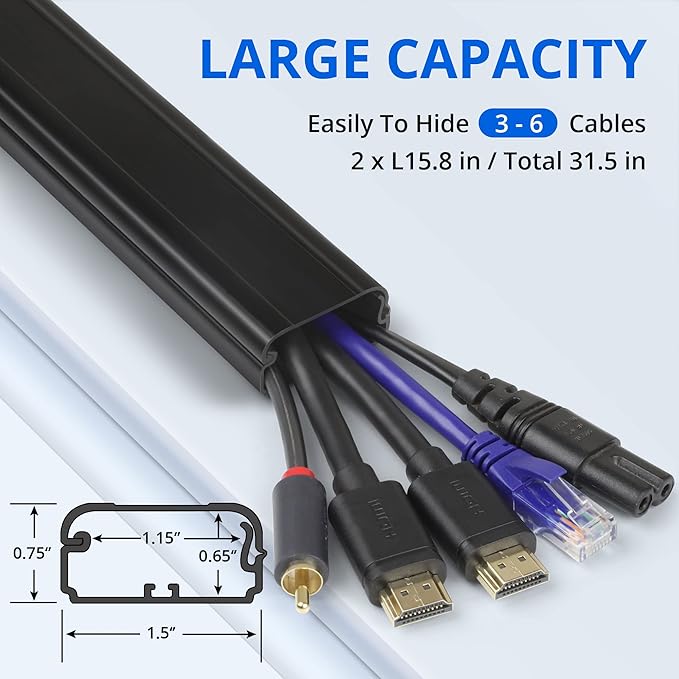 ZhiYo TV Cord Cover for Wall, 32 inch Cable Concealer, Cord Hider for Wall Mounted TV, Paintable Wire Cover to Hide Wires, Black Cable Raceway Kit, 2X L15.8in W1.5in H0.75in
