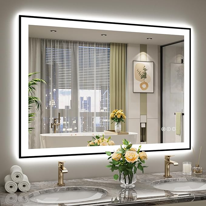 YEELAIT 48x36 Inch LED Bathroom Mirror with Lights (Front Lit and Backlit) Black Framed Lighted Vanity Mirror for Bathroom Wall Dimmable Anti-Fog Memory Tempered Glass Horizontal/Vertical