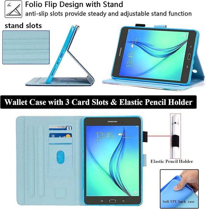 Case for Samsung Galaxy Tab A 8.0 inch Tablet Case 2015 (Model SM-T350/T355/P350/P355) with Pencil Holder [Auto Sleep/Wake] Stand Folio PU Leather Shockproof Cover Magnetic Smart WalletNight