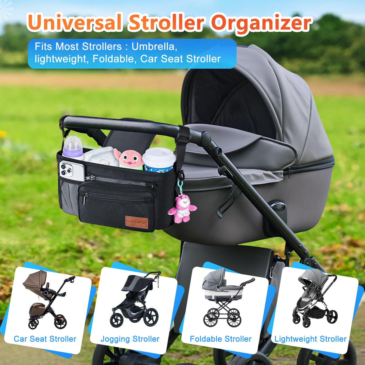 Guiseapue Universal Stroller Organizer with Cup Holder: Baby Travel Essential, Stroller Caddy with Shoulder Strap, Stroller Accessories Fit Uppababy, Baby Jogger Doona, Nuna, Britax, BOB Stroller