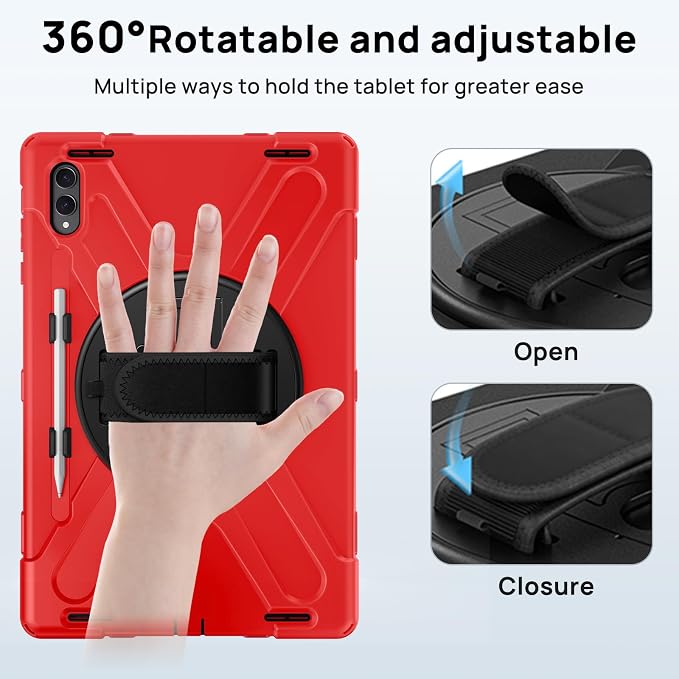 Gerutek Case for Samsung Galaxy Tab S10 FE+/ S10 FE Plus 2025 13.1 Inch Full-Body Drop Protective Case with Screen Protector Pen Holder 360° Rotate Hand Strap &amp StandShoulder Strap Black