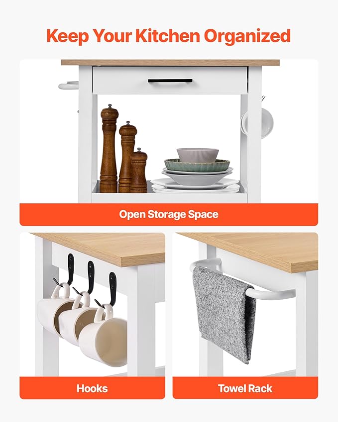 VEVOR Kitchen Island Cart with Single Door Cabinet, Mobile Carts with Drawer, Towel Rack, Hooks, Portable Table on Swivel Wheels, Small Coffee Islands Microwave Stand for Dining Room, 18x23 in, White
