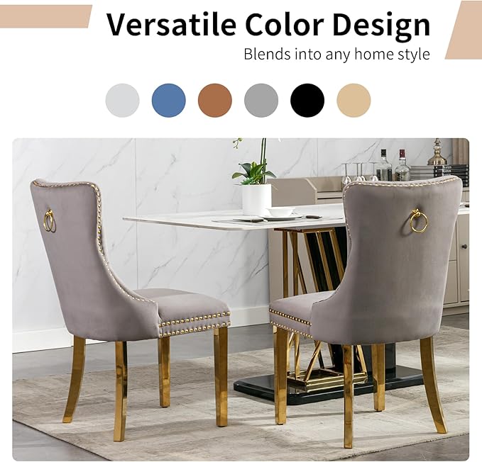 Luxury Upholstered Dining Chairs Set of 6, Grey Kitchen Chair with Golden Metal Legs, Velvet Tufted Back Dining Chair, Sillas de Comedor, Modern Kitchen & Dining Room Chairs (Gray, 6 Pcs)