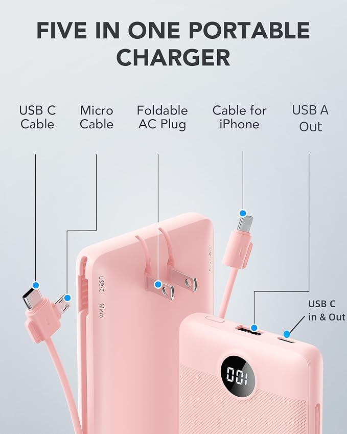 VRURC Portable Charger Power Bank Built-in Cables and AC Wall Plug | USB C Portable Bank 10000mAhTravel Essentials Phone Charger Compact External Battery Pack for Smart PhonesTablets-Black