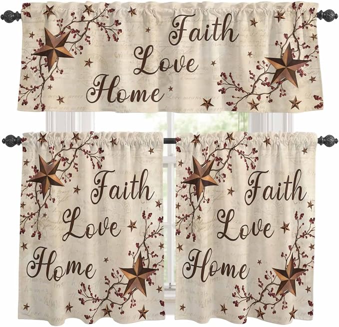 Kitchen Curtains Tiers and Valance Set of 3, Retro Country Stars Rustic