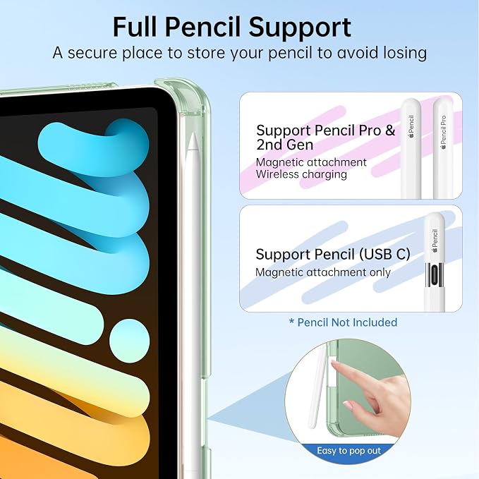 MoKo for iPad mini A17 Pro Case 8.3 Inch 2024 iPad mini 7th/6th Case 2021 | For iPad Mini Case with Pencil Holder Light Trifold Smart Protective Cover with Hard PC Translucent Back Shell Agave Gree