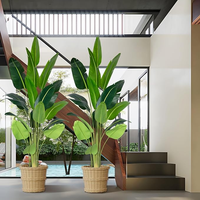 Artificial Bird of Paradise Plant 8Ft Fake Tropical Palm Tree with 18Trunks Faux Banana Leaf Trees in Pot for Home Indoor Outdoor Office Modern Decor Housewarming Gift（2Pcs）