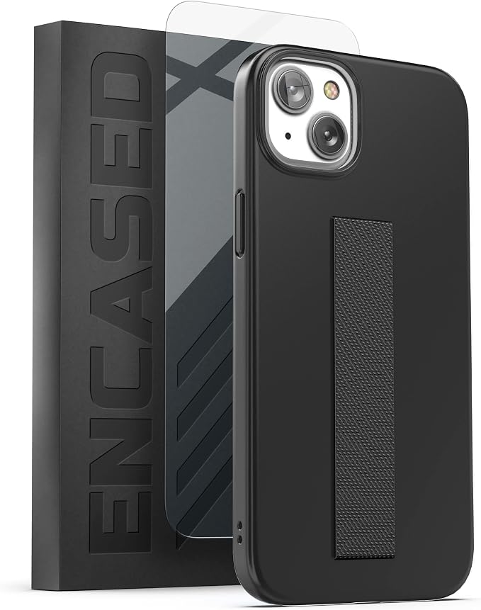 ENCASED Finger Loop Case Designed for iPhone 14 Plus Case with Hand Strap Phone Holder and Screen Protector (Black/Gold Marble)