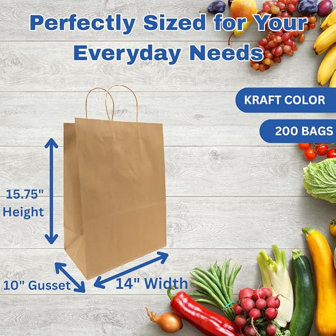 ASSUREPAK Kraft DIY Paper Bags, 14" x 10" x 15.75", 110 GSM, 200 Count