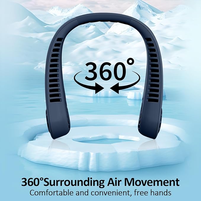 BIRDDIE Portable Bladeless Hanging Neck Fans with Screen Display and 5 Speeds Levels, USB Rechargeable, 360° Cooling Wearable Personal Fan for Work Travel Sport Outdoor (Blue)