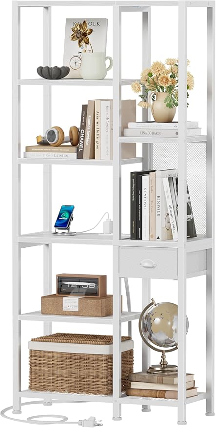 Furologee 6-Tier Bookshelf with Charging Station, Double Display Shelf with Drawer, Tall Freestanding Bookcase, Metal Open Book Shelf for Living Room, Bedroom, Home Office, White