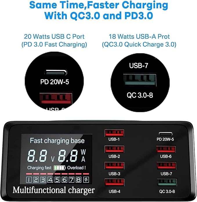 USB Charger Hub ASOMETECH 100W 8-Port Desktop Multiple USB Charging Station with PD Port, Quick Charge 3.0 Port, Wireless Charger, LCD Display Fast USB C Charger for iPhone 12, Tablet and More