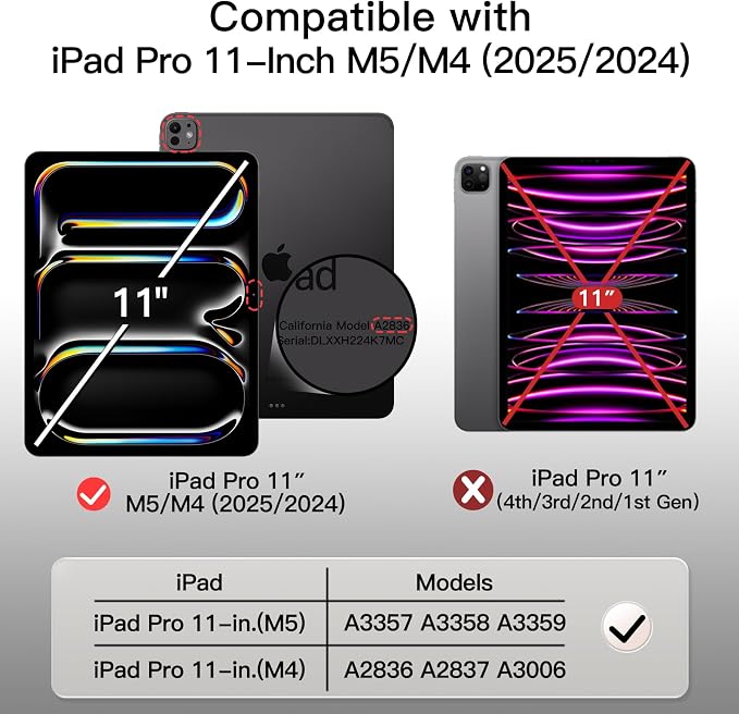 JETech Case for iPad Pro 11 M5/M4 Black | Cover for 2025/2024 Model Clear Transparent Back Pencil Holder Slim Shockproof Protection Tri-Fold Stand Auto Wake/Sleep