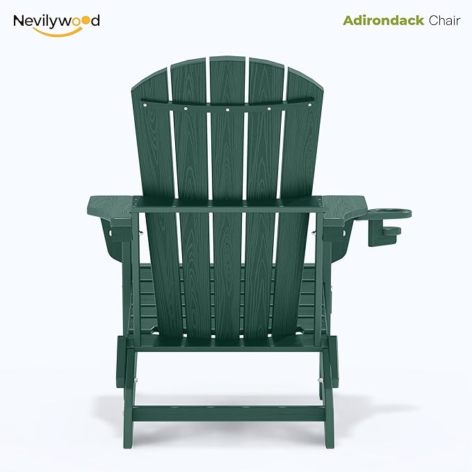 nevilywood Folding Adirondack Chair - Extended Ergonomic Backrest, Cup Holder - Easy Assembly - Durable HDPE Plastic, Weather Resistant & Maintenance-Free - Lawn, Patio, Deck Supports 380lbs Green