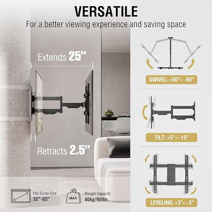 CondoMounts CLMTVA1044 Full Motion Large Pillar TV Mount | Column | Round & Square TV Post Mount | NO Drill | Holds 80lbs | Fits 32-in. to 70-in. TVs | Fits Pillars 8-in & Wider | White Strap