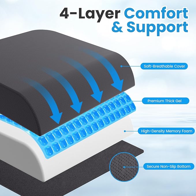 Wheelchair Seat Cushion - Cooling Gel & Memory Foam Office Chair Cushion with Non-Slip Bottom & Washable Cover, Ergonomic Car Seat Pillow for Sciatica, Tailbone, Back Comfort (Grey)