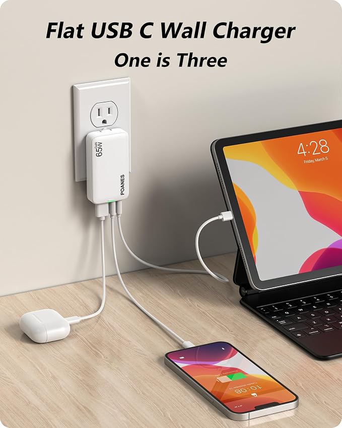 3-Port Flat USB C Wall Charger 30W Max Type-C Fast Charging Block | Dual USB-C 1 USB-A PD 25W Fast Charging Slim Body Foldable Plug for IPad Pro Tablets iPhone 17/16/15 Series Galaxy