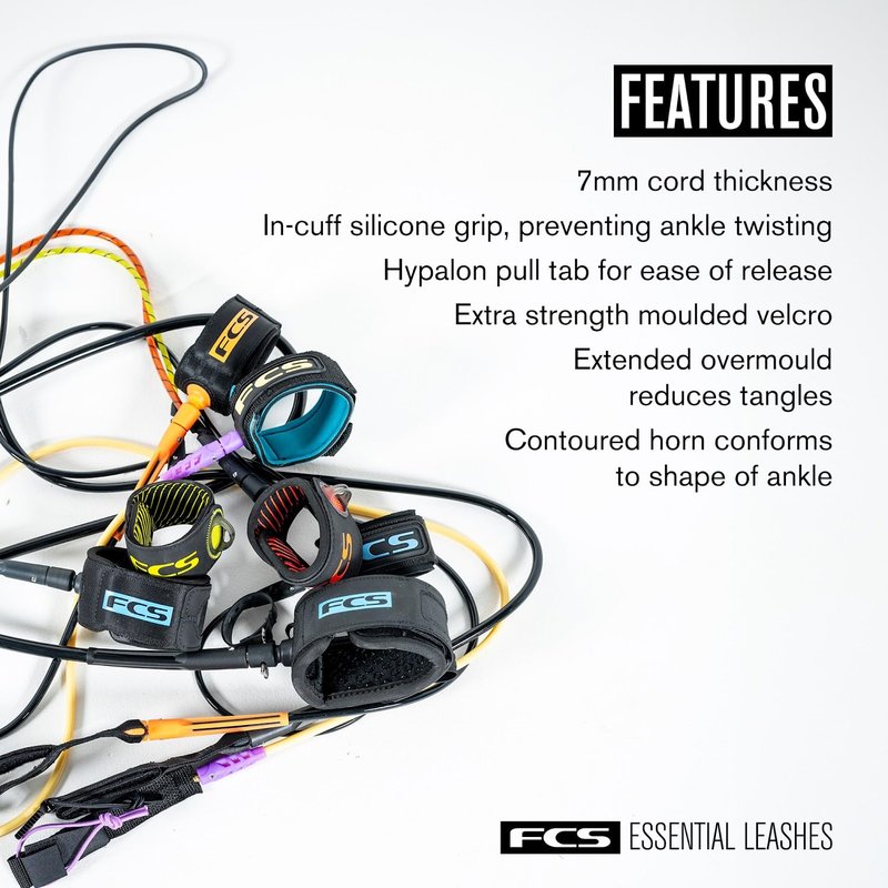 FCS 6' All Round Essential Surfboard Leash - Black | Lightweight & Durable 6ft Surf Leash for 2-8ft Waves, in-Cuff Silicone Grip, Comfortable and Supportive Ankle Strap, Easy-Release Tab