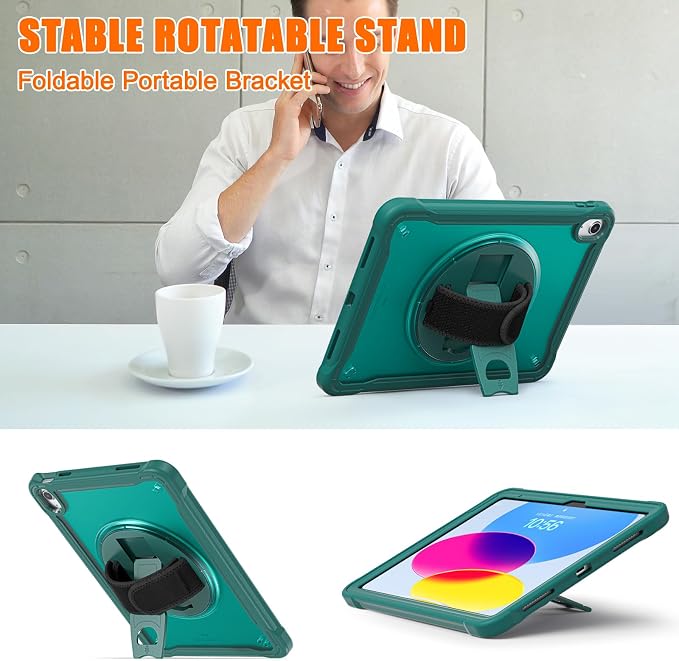 Case for iPad (A16) 11th/10th Generation 2025/2022 11/10.9 inch Rugged Shockproof Protective Cover with Screen Protector 360° Rotating Hand Strap&ampStand Pencil Holder Black