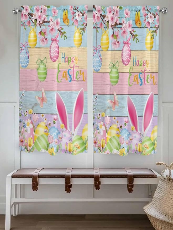 Colorful Easter Bedroom Curtains 63 Inches length, Spring Watercolor Bunny Egg