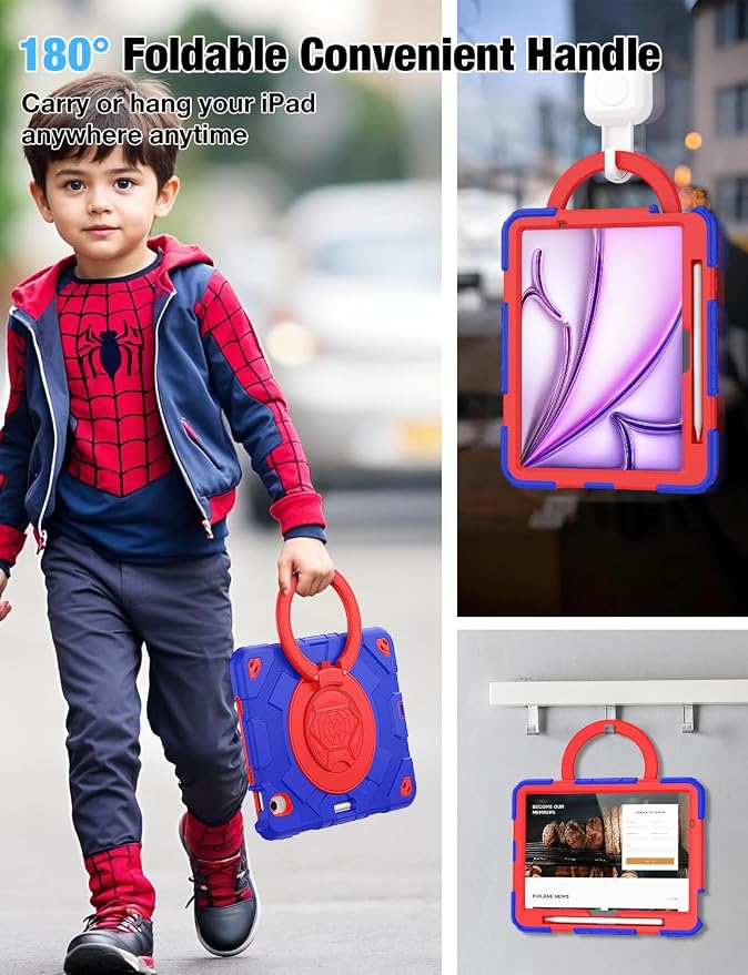 SCSVPN Kids Case for iPad Air 11 Inch M4 2026 / M3 2025 / M2 2024 Heavy Duty Shockproof Silicone Protective Case with Pencil Holder-Screen Protector-Rotating Stand-Handle-Shoulder Strap (Blue+Red)