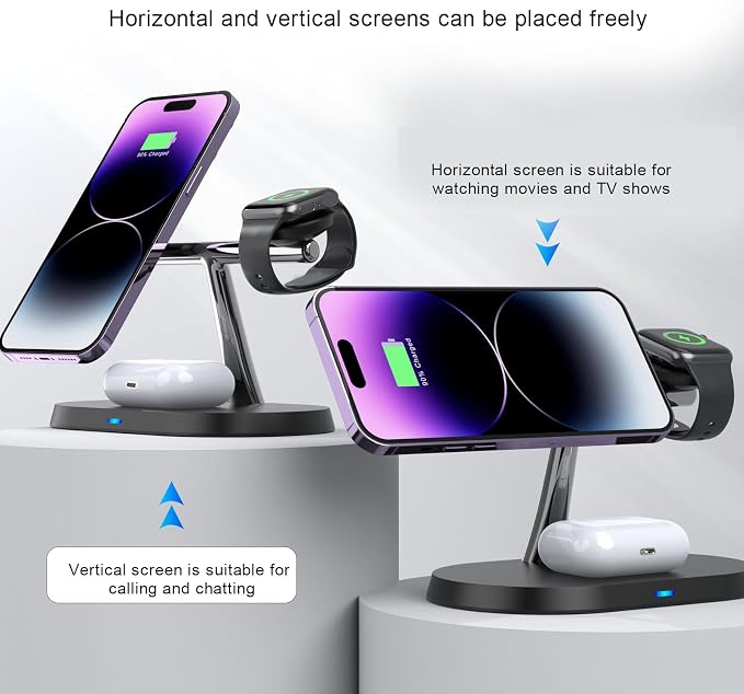 Cuifati 3 in 1 Wireless Charger Stand Fast Magnetic Charging Station for Multiple Devices with 15W Output for Phones