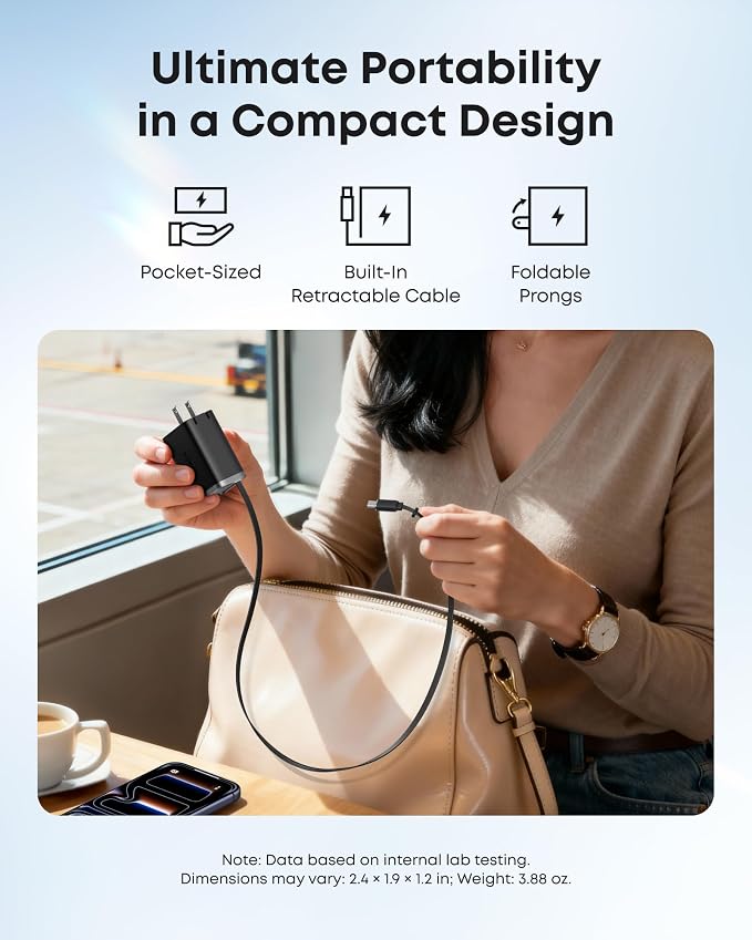Anker Nano Retractable USB C Charger Block Compact 35W Phone Charger | 2-Port Charger with Durable Built-in Anker InstaCord Retractable Cable for iPhone 17/16/15 iPad(BlackNon-Battery)