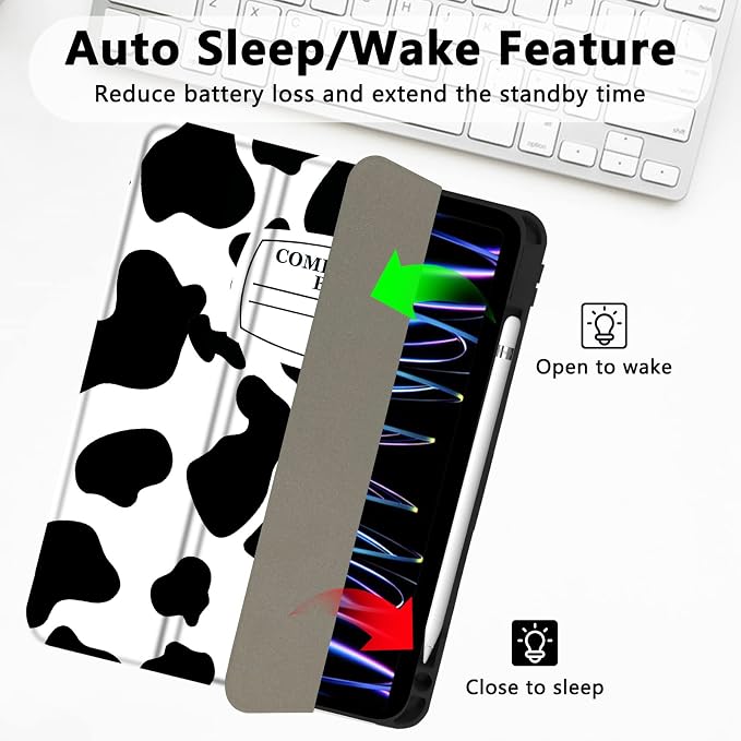 for iPad Pro 11 Inch Case 2022(4th Gen)/2021(3rd Gen)/2020(2nd Gen) with Pencil Holder TPU Shockproof Frame and Protective Leather Cover [Auto Sleep/Wake] Black Cow