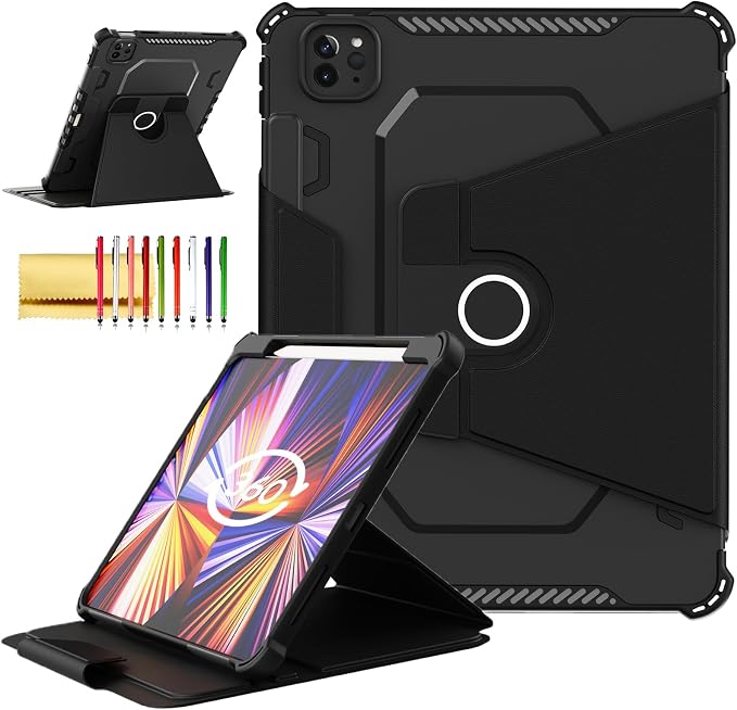 Kids Case for iPad Pro 11 M5/M4 &amp iPad Air 11 (2026/2025/2024) Shockproof Case with Pencil Holder Techcircle Light EVA Foam Handle Stand Bumper Protective Child Friendly Drop Proof Cover Black