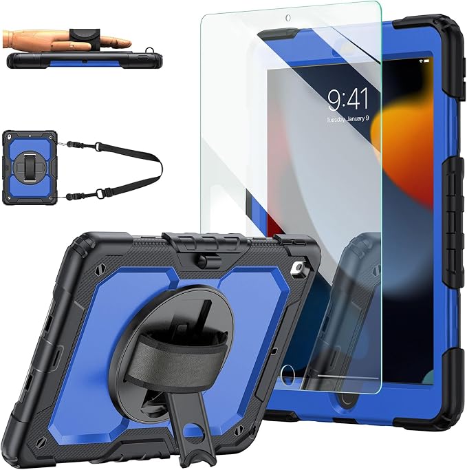 Ambison Case for iPad (A16) 11th/10th Generation 11''/10.9'' Black | Hand Strap 9H Tempered Glass Screen Protector Rotating Stand Shoulder Strap Heavy Duty Shockproof Pencil Holder