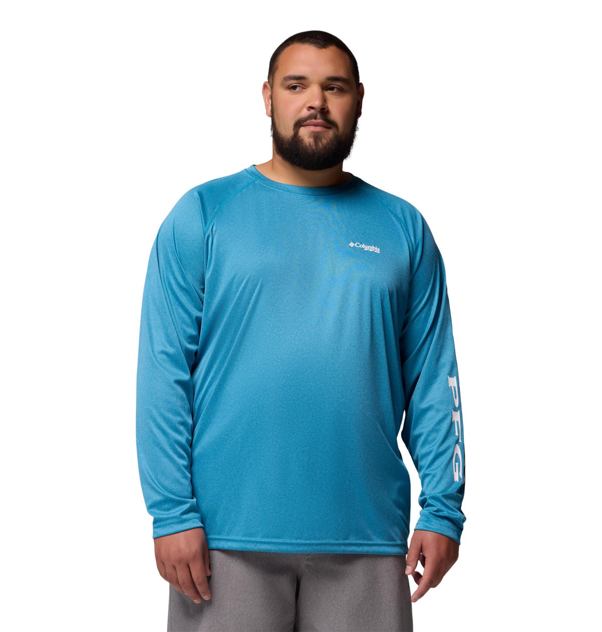 Columbia Men's PFG Terminal Tackle Long Sleeve Fishing Shirt, Blue Echo Heather/White Logo, 3X Tall