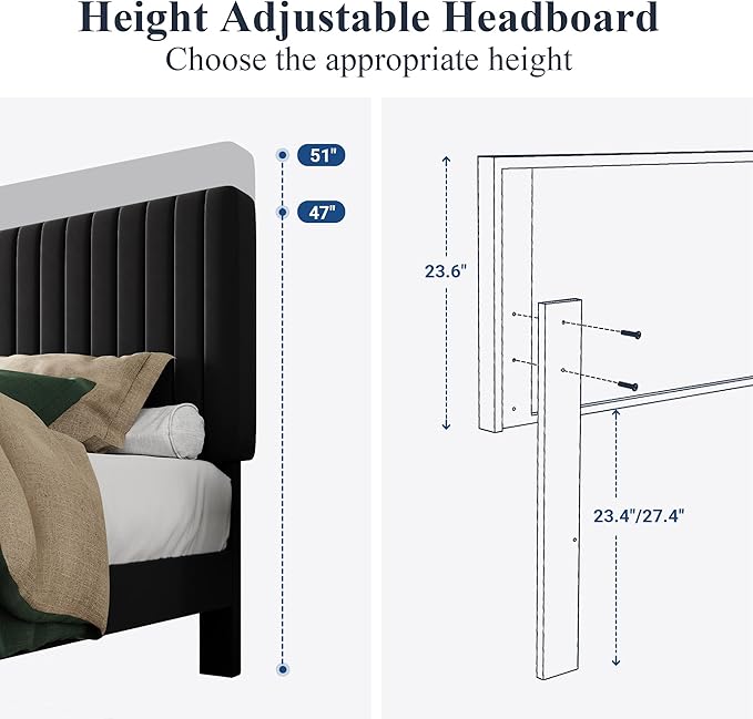 Allewie Full Bed Frame, Velvet Upholstered Platform Bed with Vertical Channel Tufted Headboard, Mattress Foundation with Strong Wooden Slats, Box Spring Optional, Easy Assembly, Black