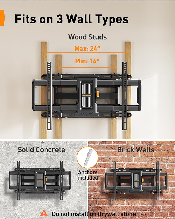 Perlegear Full Motion TV Wall Mount for 42–90 inch TVs up to 132 lbs, Preassembled and Telescopic Design for Easy Setup, Swivel, Tilt and Extension, Fits 16″/18″/24″ Wood Studs, Max VESA 600x400mm
