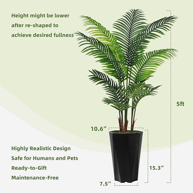 Artificial Palm Plant Indoor 5FT Fake Tree with Mocha Diamond Planter Faux Tropical Areca Tall Fake Floor Plant Potted Artificial Trees for Home Office Living Room Decor Indoor