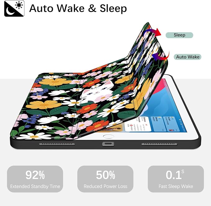 Case for iPad 6th / 5th Generation 9.7-inch iPad Air 2 /Air 1 | Smart Trifold Stand Shockproof Case with Pencil Holder Auto Wake/Sleep Cover Viewing &amp Typing Angles Black Flowers