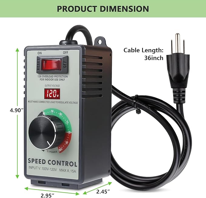 Cdmall AC Motor Speed Controller 120V 15A Max - Variable-Speed Controller & Fan Speed Control with Overload Protection and LED Display for Hydroponics Inline Duct Exhaust Ceiling Fans