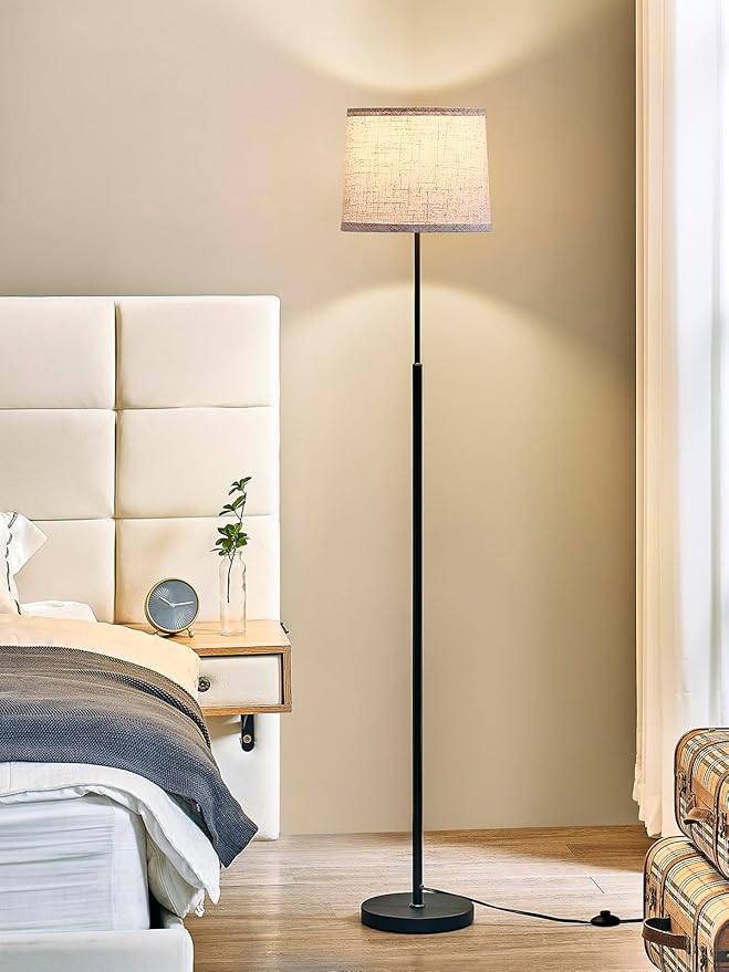 60" Modern Floor Lamp for Living Room Bedroom, Standing Lamp with Oatmeal Linen Lampshade, Tall Lamp with A19 9W 3 Color Temperature Bulb, Foot Switch Control, Black