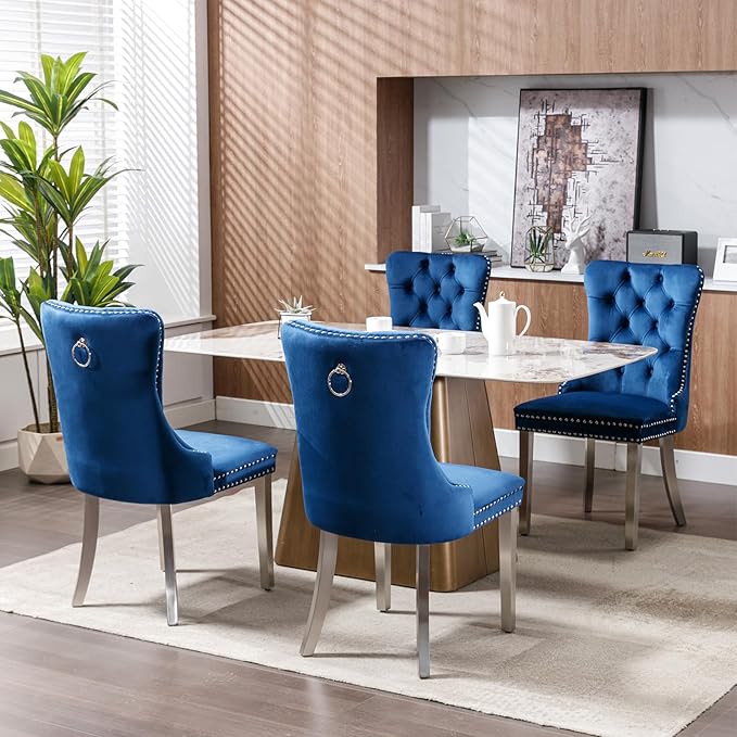 Luxury Upholstered Dining Chairs Set of 8, Blue Kitchen Chair with Silver Metal Legs, Velvet Tufted Back Dining Chair, Sillas de Comedor, Modern Kitchen & Dining Room Chairs (Blue, 8 Pcs)