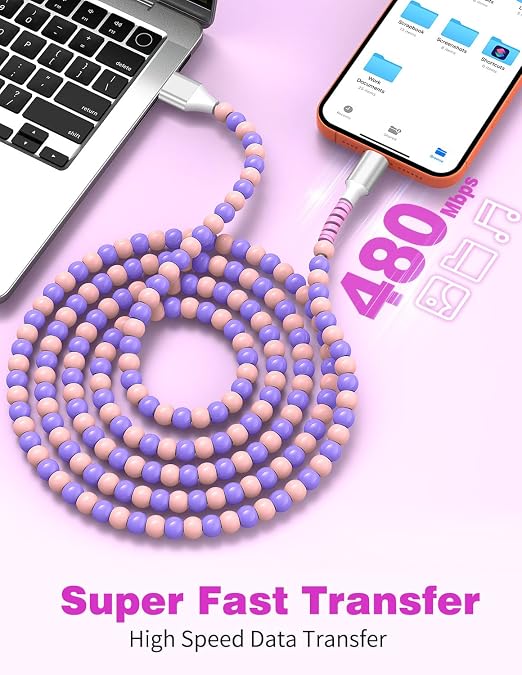 Jelanry 3FT USB-A to USB-C Fast Charging Cable Beaded &ampData Sync Women Girl | Cute kawaii beaded cable for iPhone 17/16/15 Samsung S26/S25/S24 Pixel iPad Fast charge for daily use office &amp tra