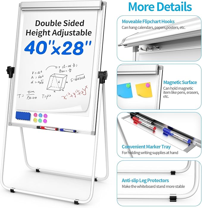 U-Stand Double Sided 40" x 28" Magnetic Dry Erase Easel, Height Adjustable & 360° Rotating Whiteboard with 1 Eraser, 6 Magnets and Paper Pads