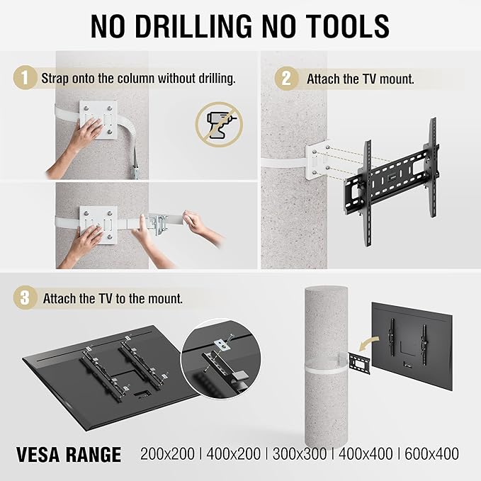 CondoMounts CLMTVT1064 DIY Column TV Mount for Large Pillars & Large TVs | Holds 120lbs | Fits 37-in. to 85-in. TVs | Fits Pillars 8-inches & Wider | No Drill | White Straps | TILT Only No Swivel