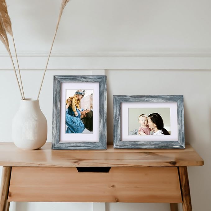 Egofine 4x6 Picture Frame Made of Solid Wood, Covered by Plexiglass Display Pictures 3.5x5 with Mat or 4x6 Without Mat for Table Top Display and Wall Mounting Photo Frame, Rustic Blue