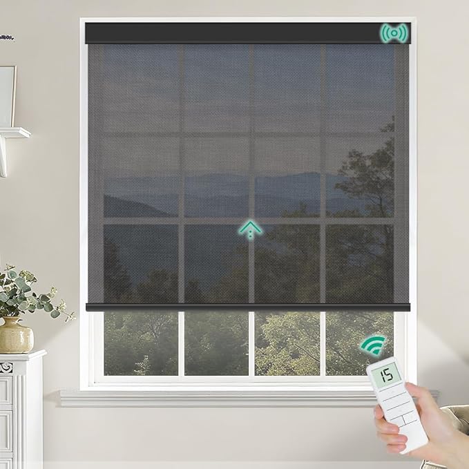 Kilonity Motorized Roller Shades, Light Filtering Remote Control Custom Window Shades Compatible with Alexa Google Assistant via RF Hub, Rechargeable Electric Blinds for Windows (Fireproof Black)